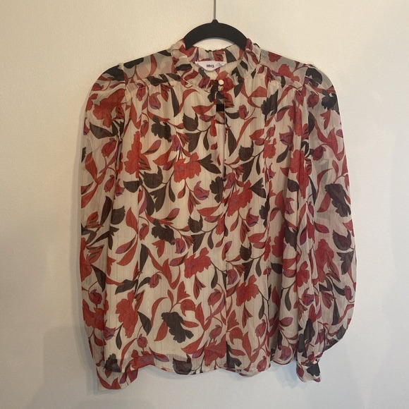 Mango Floral Boho‎ Blouse Top Red Multi Size 4 S Puff Sleeve Metallic Accents - Picture 1 of 8